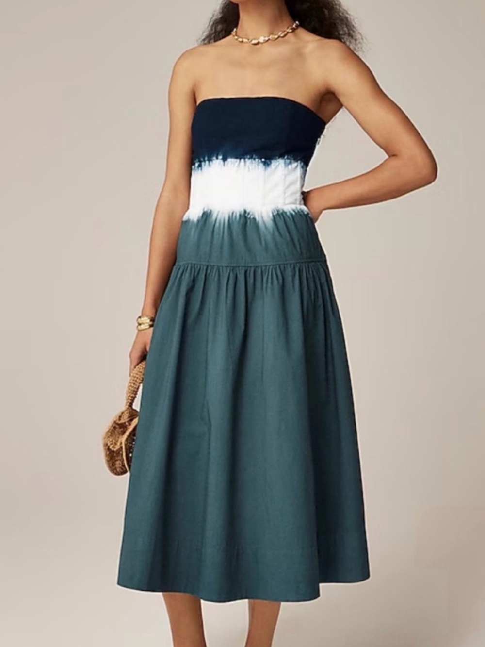 J. Crew Strapless Midi Dress in Navy, White & Teal
